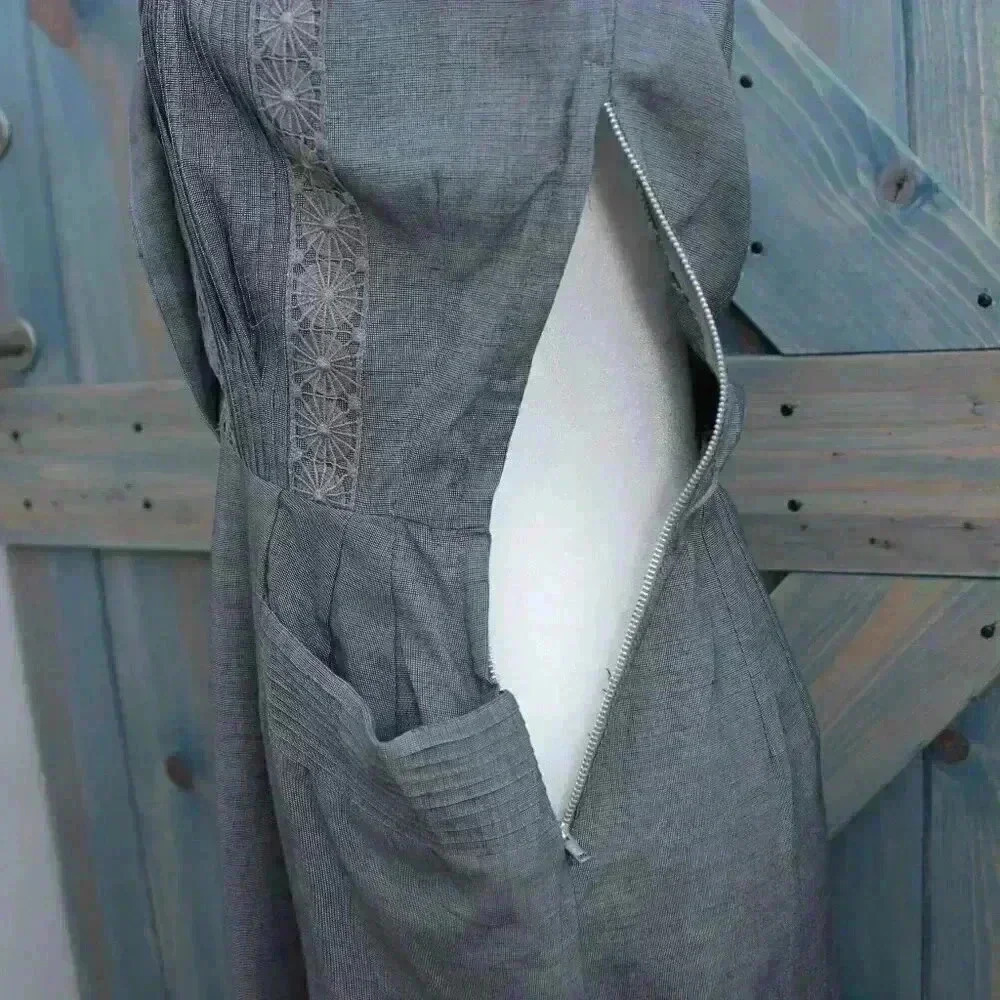 Vintage 1950s Day Dress Grey Pintuck Button Down Belted Rhinestone Button - Picture 8 of 10